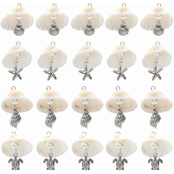 1 Box 24Pcs 4 Styles Sea Shell Charms Bulk Natural Shell Charms Silver Alloy Turtle Conch Starfish Glass Pearl Summer Life Pendants for Jewelry Making Findings DIY Bracelet Necklace Adult