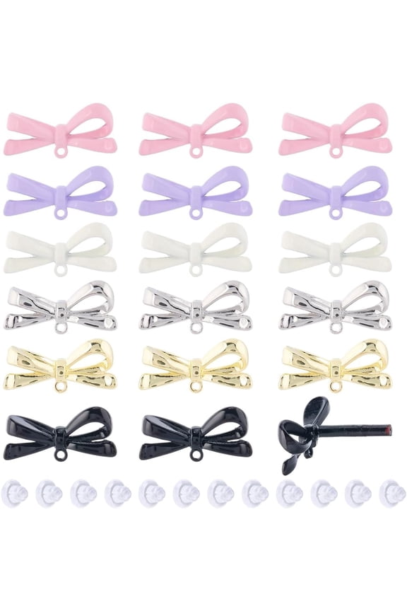 1 Box 24Pcs 6 Colors Earring Post Colorful Stud Earrings Metal Alloy Coquette Bowknot Tie Shaped Loop Dangle Posts Findings with Plastic Ear Nuts
