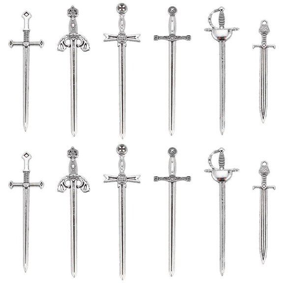 1 Box 24Pcs 6 Style Tibetan Style Alloy Big Pendants Long Swords for Crafting Pendant Making Silver 66.7x14.5x5.5mm Hole: 2mm 4pcs/style