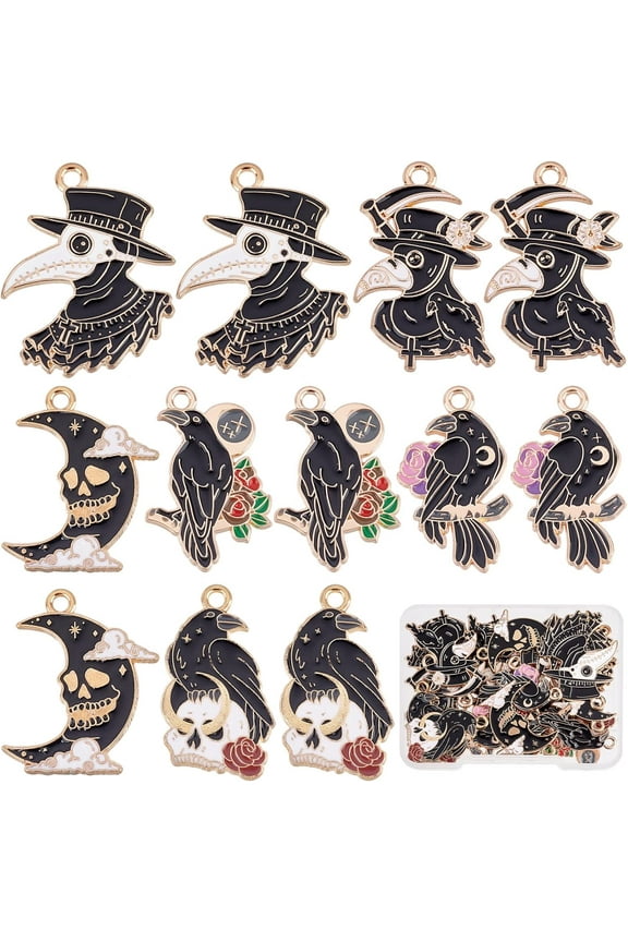 1 Box 24Pcs 6 Styles Charms Gothic Black Raven Charms Bulk Moon Rose Enamel Animal Bird Crow Horror Gothic Pendants