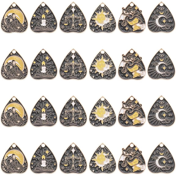 1 Box 24Pcs 6 Styles Enamel Gothic Charms Moon Tarot Charm Bulk Heart Black Alloy Sun Cloud Book Balance Tarot Pendants for Jewelry Making Earrings Necklace DIY Craft Supplies