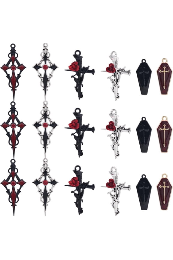 1 Box 24Pcs 6 Styles Flower Crucifix Charm Red Cross Charms Bulk Metal Brass Enamel Rhinestone Gothic Black Rose Crosses Charm for Jewelry Making Charms Necklace Earrings DIY Craft