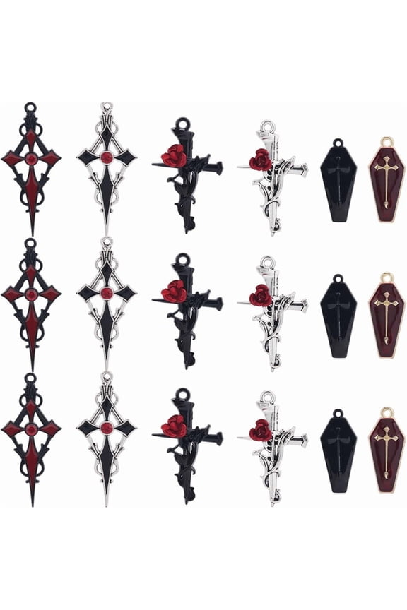 1 Box 24Pcs 6 Styles Flower Crucifix Charm Red Cross Charms Bulk Metal Brass Enamel Rhinestone Gothic Halloween Black Rose Crosses Charm for Jewelry Making Charms Necklace Earrings DIY Craft