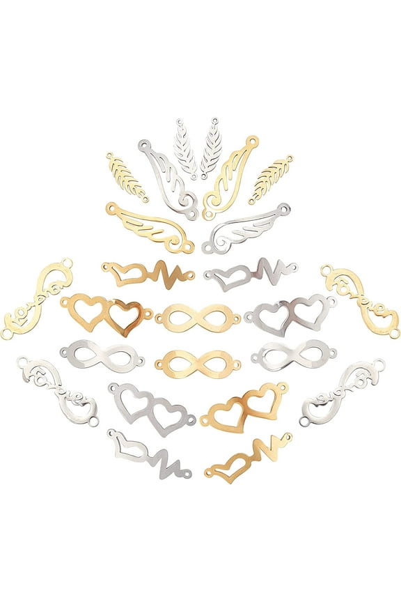 1 Box 24Pcs 6 Styles Stainless Steel Connectors Charms Infinity Links Hollow Heart Feather Wing Forever Charms with Double Loops for Jewelry Crafts Making Supplies Golden Silver