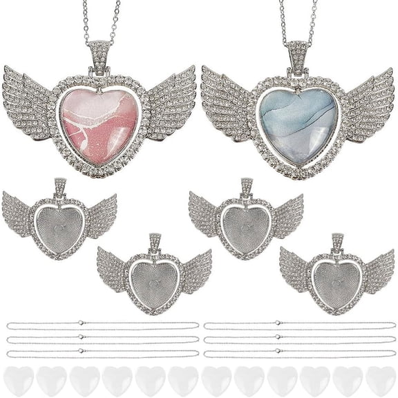 1 Box 24Pcs Cabochon Necklace Kit Angel Wing Bezel Tray Pendant Rhinestone Bezel Pendant Trays Heart Cabochon Necklace Blanks Rhinestone Pendant Trays