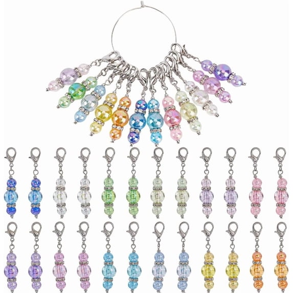1 Box 24Pcs Crochet Stitch Markers Knitting Stitch Marker Charms Small Acrylic Colorful Bead Charm Removable Lobster Claw Clasp Locking Marker for Knitting Weaving Sewing Supplies DIY Craft
