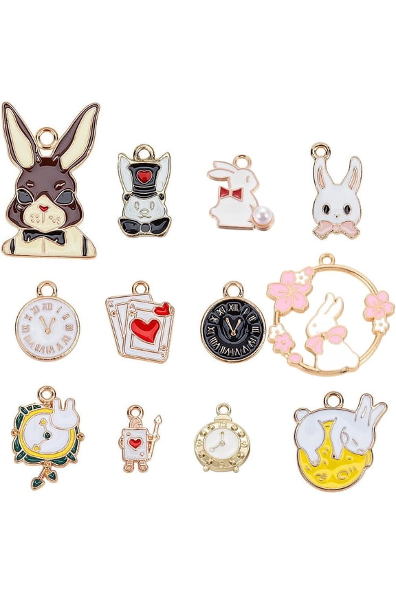 1 Box 24Pcs Easter Rabbit Charms Enamel Bunny Charm Easter Alice Rabbit Moon Alarm Clock Poker Card Cute Animal Charms for DIY Jewelry Making Charm Easter Holiday Earring Crafts Accessories