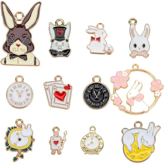 1 Box 24Pcs Easter Rabbit Charms Enamel Bunny Charm Easter Alice Rabbit Moon Alarm Clock Poker Card Cute Animal Charms for Jewelry Making Charm Easter Holiday Earring Crafts Accessories