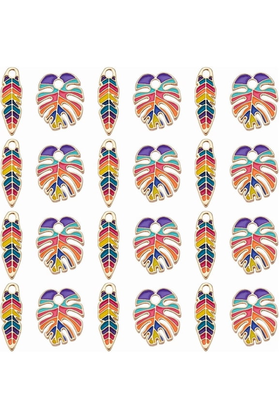 1 Box 24Pcs Feather Charms Bulk Leaves Charm Mini Gold Enamel Boho Tropical Leaf Dream Feathers Plants Flatback Charm for Jewelry Making Charms Women DIY Necklaces Earrings Crafts