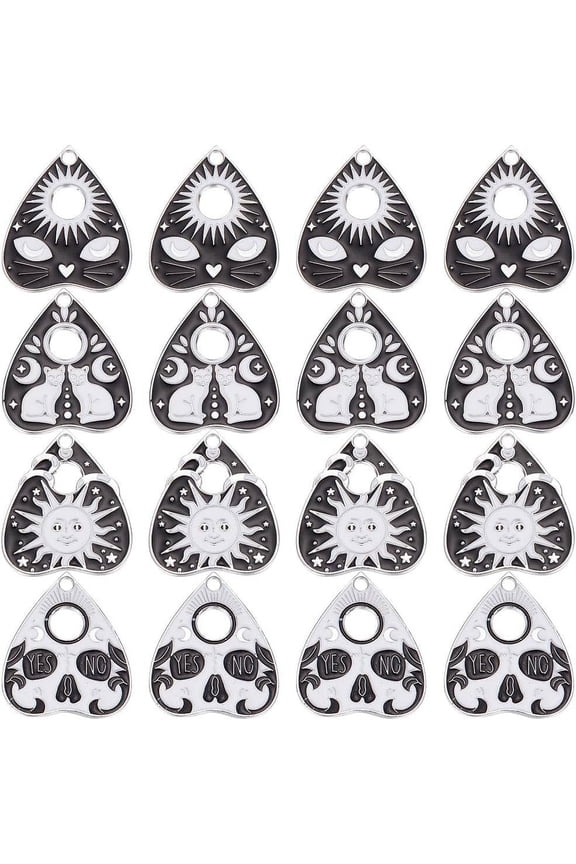 1 Box 24Pcs Gothic Style Cat Charms Black White Enamel Ouijas Silver Tarot Planchette Board Charm Sun Teardrop Heart Shape Pendants for Jewelry Making Occult Supplies for DIY
