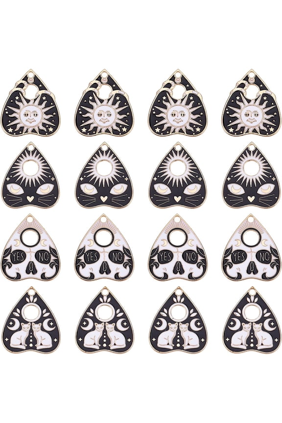 1 Box 24Pcs Gothic Style Cat Charms Black White Enamel Ouijas Tarot Planchette Board Charms Sun Teardrop Heart Shape Pendants for DIY Jewelry Making Occult DIY Supplies