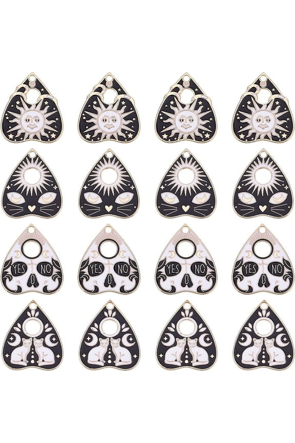 1 Box 24Pcs Gothic Style Cat Charms Black White Halloween Enamel Ouijas Charm Tarot Planchette Board Charms Sun Teardrop Heart Shape Charms for Jewelry Making Charm Occult DIY Supplies