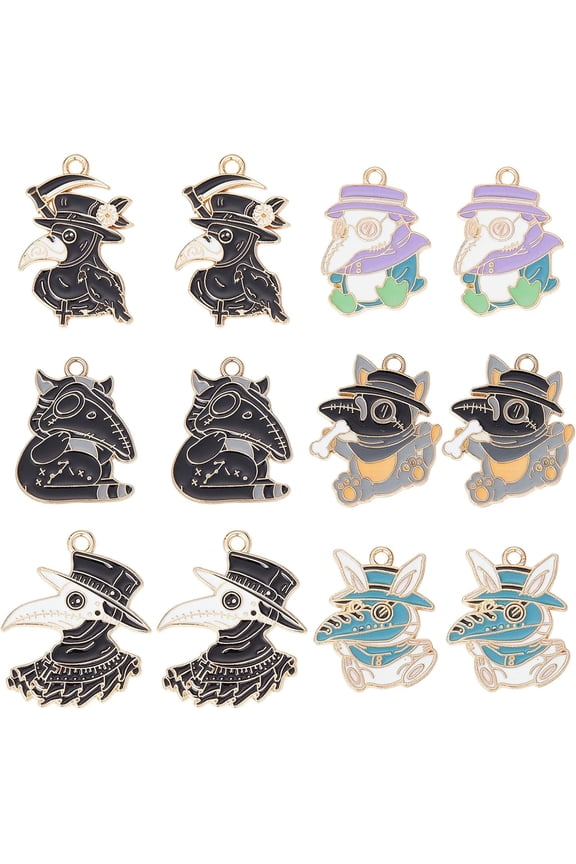 1 Box 24Pcs Gothic Style Raven Charms Enamel Charm Rabbit Cat Penguin Cosplay Crow Beak Charms Metal Animal Charms