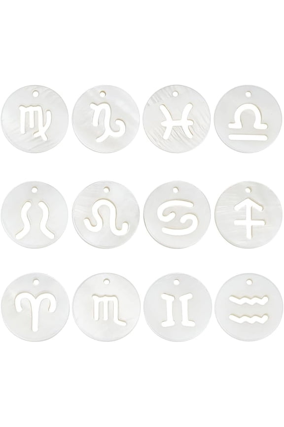 1 Box 24Pcs Natural Freshwater Shell Charms 12 Constellation 12mm Flat Round Astrology Horoscope Charms Beads