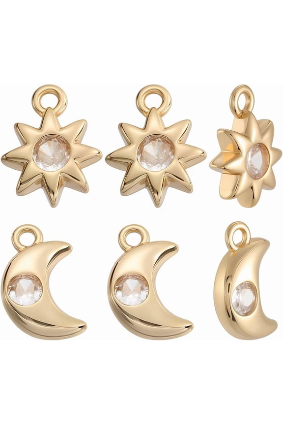 1 Box 24Pcs Real 18K Gold Plated Brass Star Moon Charms 2 Styles Cubic Zirconia Flower Celestial Charm for Jewelry Making Findings Earrings Necklaces Bracelets Pendants Keychain DIY Crafts
