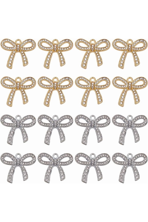 1 Box 24Pcs Rhinestone Bows Charms Bowknot Charms Small Cute Alloy Gold Silver Metal Pendants Bulk