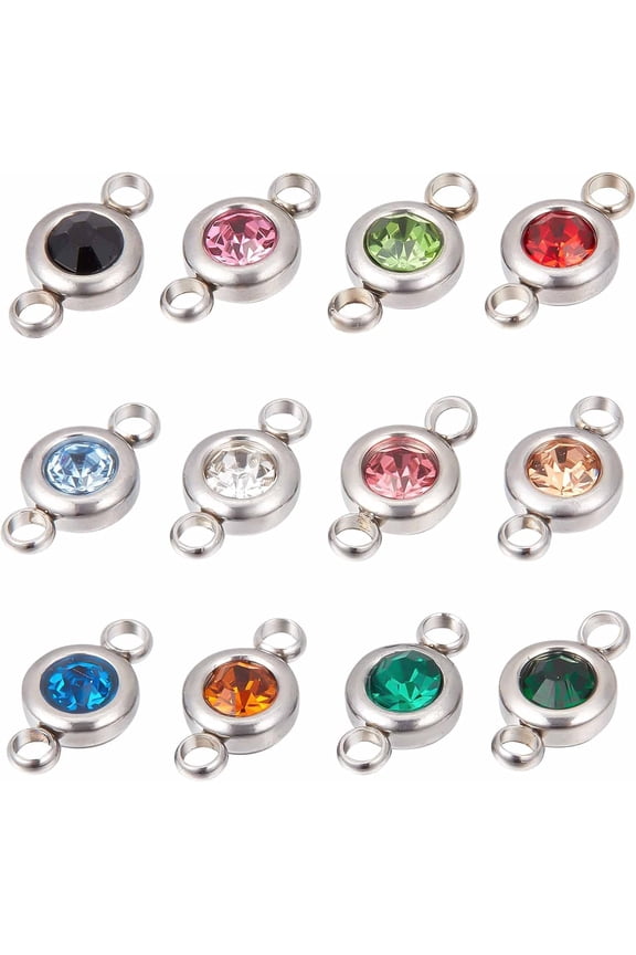 1 Box 24Pcs Rhinestone Connector Charms Birthstone Charms Connectors Stainless Steel Links Christmas Flat Round Linking Charms for Jewelry Making Charms Women DIY Bracelet Earring Crafts diy