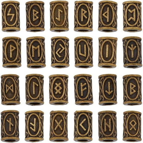 1 Box 24Pcs Rune Beads Alloy Column Spacer Beads Antique Bronze Elder Futhark Letter Beads Loose Tube Beads Tibetan Style Viking Hair Beard Beads for DIY Jewelry Making Hole: 5mm