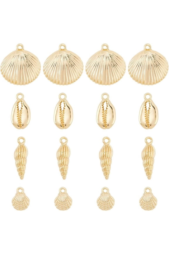 1 Box 24Pcs Sea Shells Charms Gold Cowrie Shells Bulk Summer Beach Ocean Sea Golden Shell Conch Scallop Charm for DIY Crafting Earrings Bracelets Necklaces Jewelry Making Supplies Adult DIY