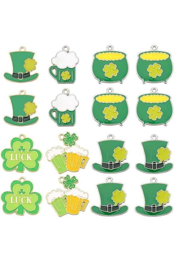 1 Box 24Pcs St. Patrick's Day Charms Green Shamrock Charm Enamel Hat Beer Luck 4 Leaf Clover Irish Holiday Lucky Charm for Jewelry Making Charms Supplies DIY Necklaces Bracelets Earrings Green DIY