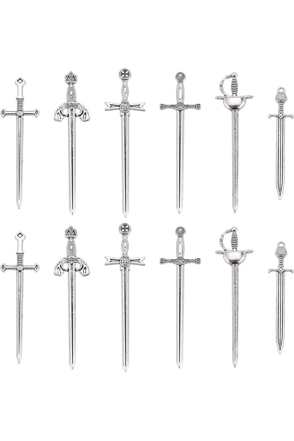 1 Box 24Pcs Tibetan Style Sword Charms Knife Charm Medieval Antique Swords Bookmarks Miniature Weapon Alloy Charms for Jewelry Making Charm Fencing Bookmark Necklace Earrings DIY Dollhouse