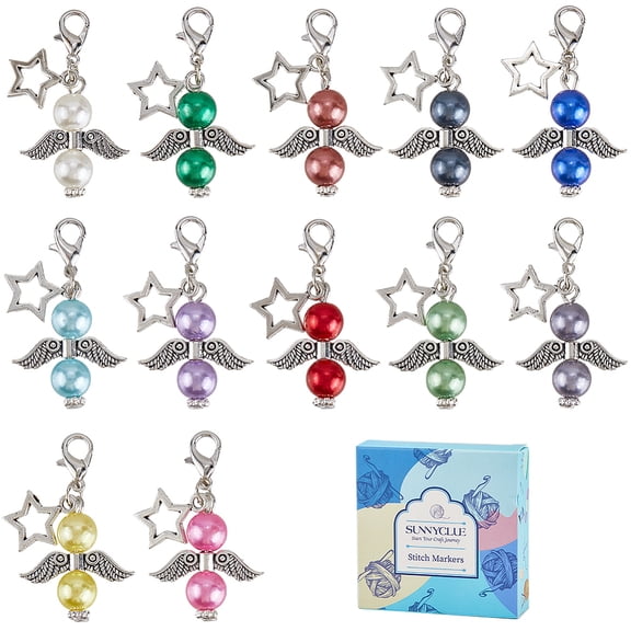 1 Box 24pcs 12 Colors Knit Marker Charms Crochet Knit Stitch Markers Glasses Angel Fairy Silver Wing Star Stitching Charm with Lobster Clasp for DIY