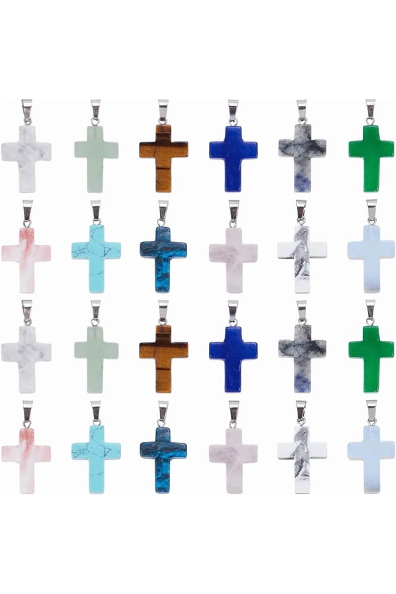 1 Box 24pcs 12 Colors Stone Charms Rosary Center Charms Green Blue Pink Gem Stone Easter Crosses Crucifix Charm With Clasp Adults Diy Craft Accessories Stainless Steel Color