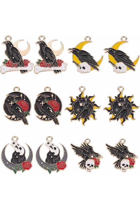1 Box 24pcs 6 styles Charms Black Raven Charms Enamel Gothic Sun Moon Rose Crow Scary Horror Skull Charm For Jewelry Making Women Bracelets Necklaces Party Home Supplies Crafting