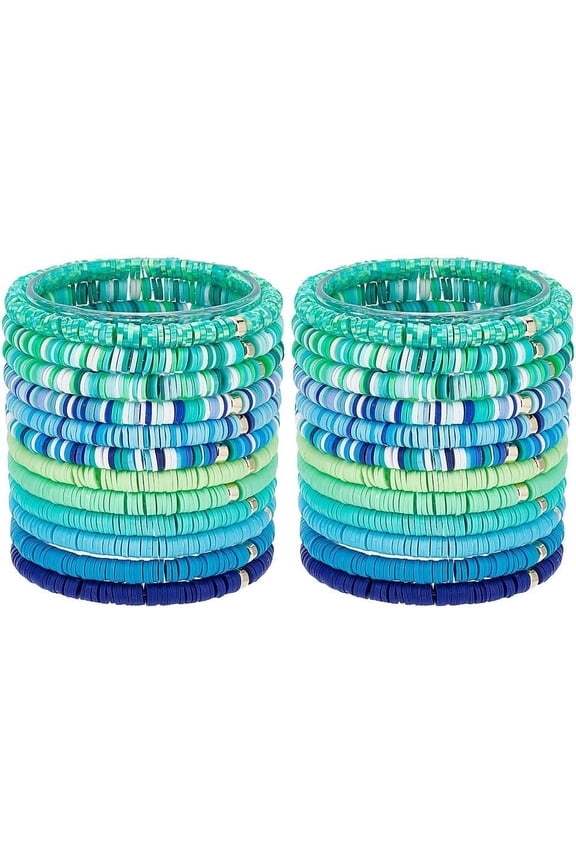 1 Box 24pcs Stackable Preppy Bracelets 12 Styles 6mm Heishi Surfer Bracelets Polymer Clay Bead Bracelets Stretch Bracelets Stackable Elastic Bohemia Bracelets for Summer Beach Green and Blue