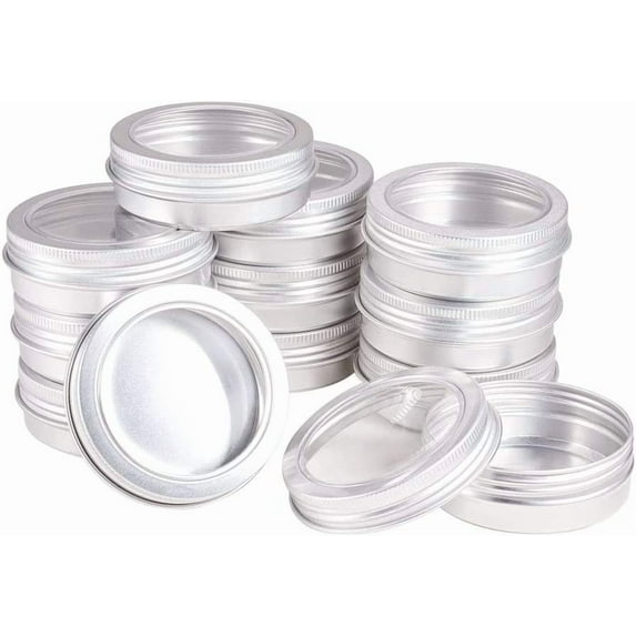 1 Box 25 Pack 2 OZ Tin Cans Screw Top Round Aluminum Cans Screw Lid Containers with Clear Window - Great for Store Spices Candies Tea or Gift Giving (Platinum)