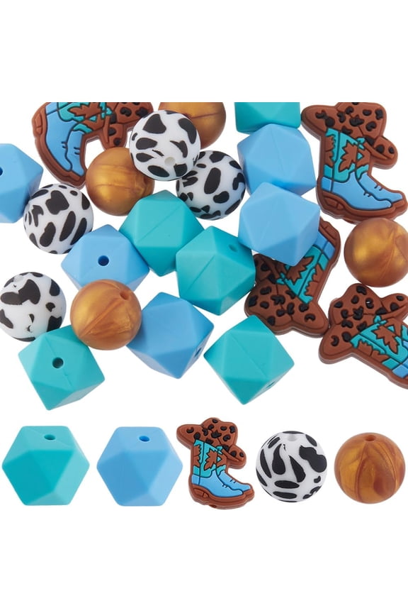 1 Box 25 Pcs 5 Styles Cowboy Bead Silicone Focal Beads Bulk Round Hexagonal Western Cowboys Boots Cow Cartoon Loose Spacer Beads for Jewelry Making Necklace Bracelets Keychain Beadable Pens
