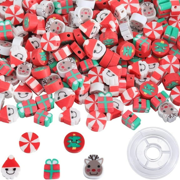 1 Box 250+Pcs Christmas Bracelet Making Kit 10mm Clay Beads Kit Cute Xmas Polymer Flat Disc Vinyl Loose Spacer Bead Bulk for Jewelry Making Bracelet Beading Kits Diy Craft Party Decor Supply for DIY