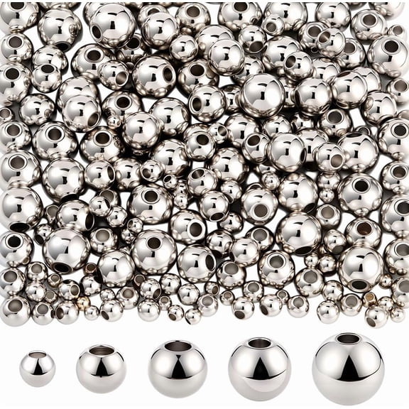 1 Box 250PCS 5 Sizes Platinum Long Lasting Plated Beads with Holes Spacer Assorted Round Metal Smooth Brass Charms Loose Bead Bulk for Jewelry Making Bracelets Necklaces DIY Craft Supply