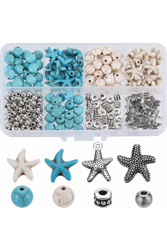 1 Box 250Pcs Ocean Bead Kit Starfish Beads Lucky Turquoise Bead Sea Star Beads Starfish Charms Round Stone Bead Hawaii Summer Spcaer Beads for Jewelry Making Kits Women Adults Supplies for DIY