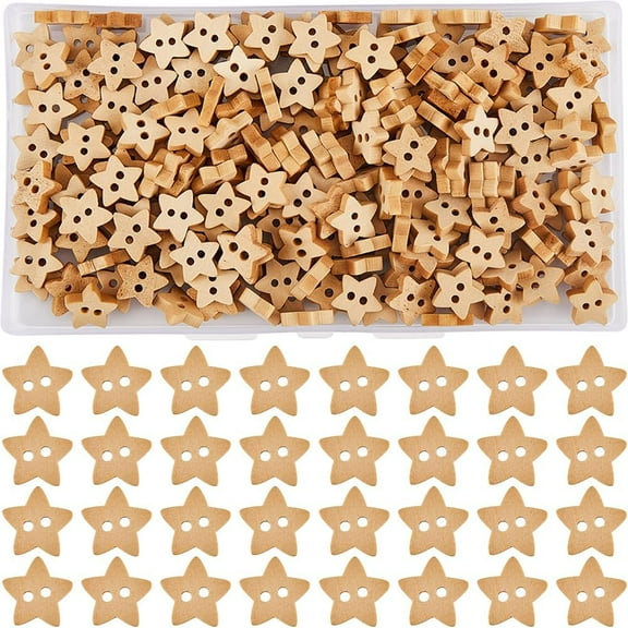 1 Box 250Pcs Wooden Star Buttons 1/2" 2 Holes Sewing Scrapbooking Craft Embellishments Small Mini Pentagram Button Decoration for Crafting Knitting Clothes DIY Projects Wood Color