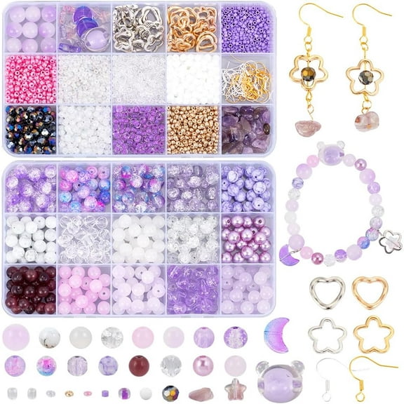 1 Box 2518Pcs Purple Glass Bead Set Acrylic Round Beads kit 8mm Seed Beads with Hollow Flower Charms Bowknot Earwires for Jewelry Making Supplies DIY Bracelet Necklace Earring Crafts