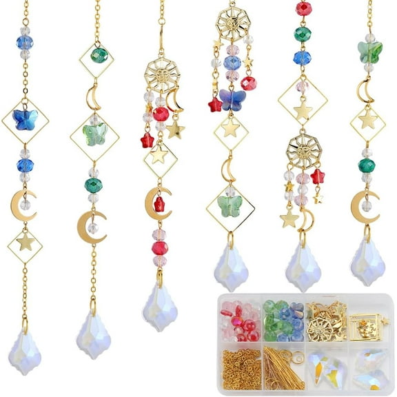 1 Box 254Pcs Garden Suncatchers Rainbow Makers DIY 6 Sets Sun Catchers Making Kit Golden Tone Sun Moon Star Charms Colorful Beads Hanging Pendants for Windows Indoor Outdoor Gold
