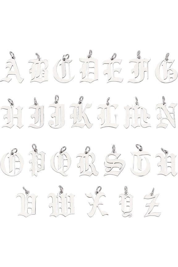 1 Box 26 Alphabet Letter Charms Stainless Steel Charm A-Z Flatback Metal ABC Hollow Gothic Tibetan Style Charms Mini Initials Beads with Hole for DIY Personalized Jewelry Supplies Silver