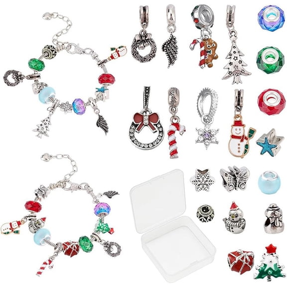 1 Box 26Pcs 2 Set Christmas Charms Snowflake Beads Snake Chain Bracelet Making Kits Snowman Candy Canes Charms Christmas Tree Charms