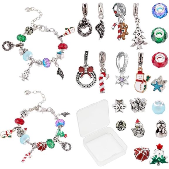 1 Box 26Pcs DIY 2 Set Christmas Charms Snowflake Beads Snake Chain Bracelet Making Kits Snowman Candy Canes Charms Christmas Tree Charms for Jewelry Making Kit Large Hole Glass Beads Craft