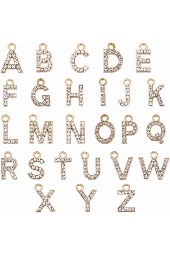 1 Box 26Pcs Diamond Letter Charms Gold Rhinestone Letters Charm Golden Alloy Glitter ABC Alphabet Cubic Zirconia Mixed A-Z Letter Charms