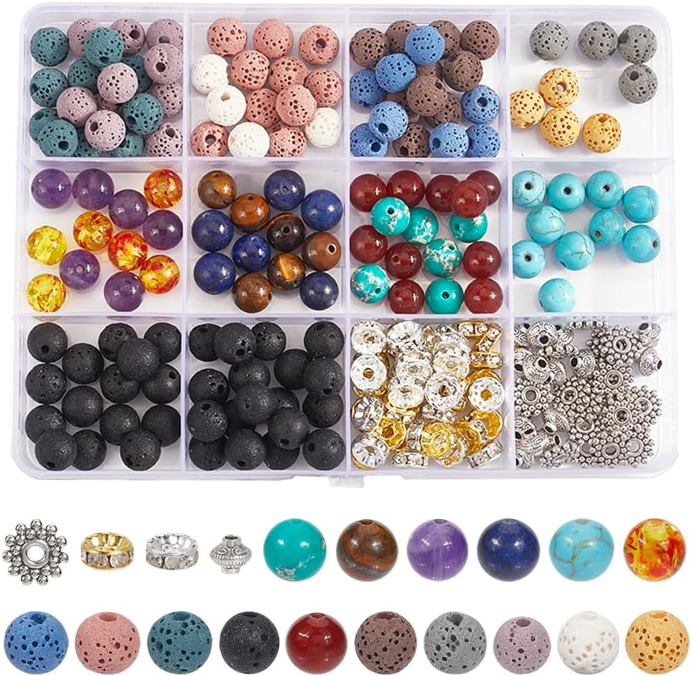 1 Box 270Pcs Gemstone Beads Kit 7 Beads Essential Oils Lava Beads Lazuli Tiger Eye Amethyst Lava Rock Bead Round Stone Beads for Jewelry Making DIY Earrings Bracelet Necklace