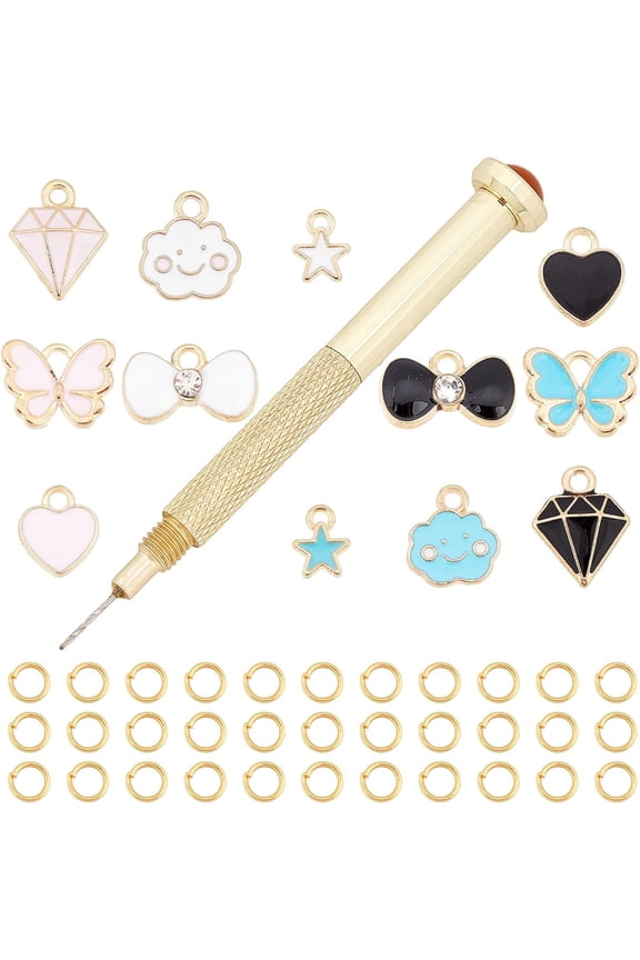 1 Box 270Pcs Nail Piercing Charms Set Art Pierced Tools Star Heart Butterfly Alloy Enamel Charms Dangle Hand Drill Jump Rings for Fingernail Jewelry Decorations Crafts Supplies DIY