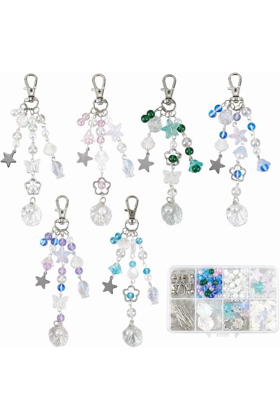 1 Box 274Pcs Keychain Making Kit Ocean Key Chain Starfish BeadsSea Shell Starfish Summer Bead Acrylic Glass Moonstone Spacers for Keychains Making Women Adults DIY Crafts Supplies Colorful DIY
