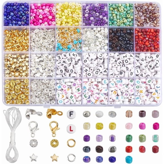 1 Box 28 Colors 140g 4mm Glass Seed Beads Kit Friendship Bracelet Kit with 1100Pcs Letter Beads Star Spacers Clasp Jump Rings Accessories