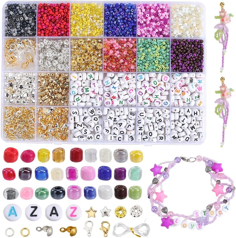 1 Box 28 Colors 224g 3mm Glass Seed Beads Bulk Friendship Bracelet Kit Beads with 1100Pcs Letters Rhinestones Stars Bead Jump Rings Knot Covers Clasps Cords for Bracelet Jewelry Making Colorful