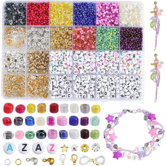 1 Box 28 Colors 224g 3mm Glass Seed Beads Bulk Friendship Bracelet Kit Beads with 1100Pcs Letters Rhinestones Stars Spacer Bead Jump Rings Knot Covers Clasps Cords
