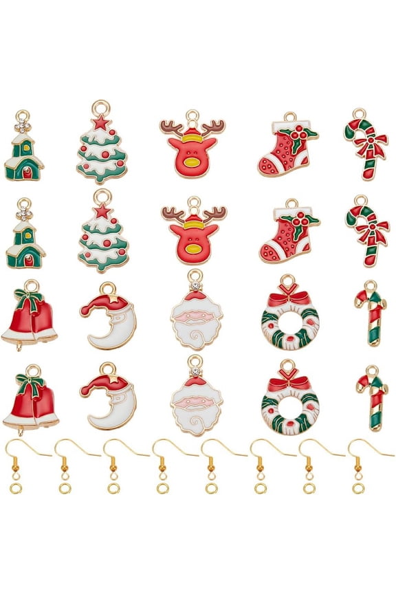1 Box 280Pcs Christmas Earrings Kit Christmas Enamel Charms Winter Christmas Tree Charm Santa Claus Reindeer Candy Cane Charm Xmas Charms for Jewelry Making Kits DIY Dangle Earrings Gifts Mixed Color