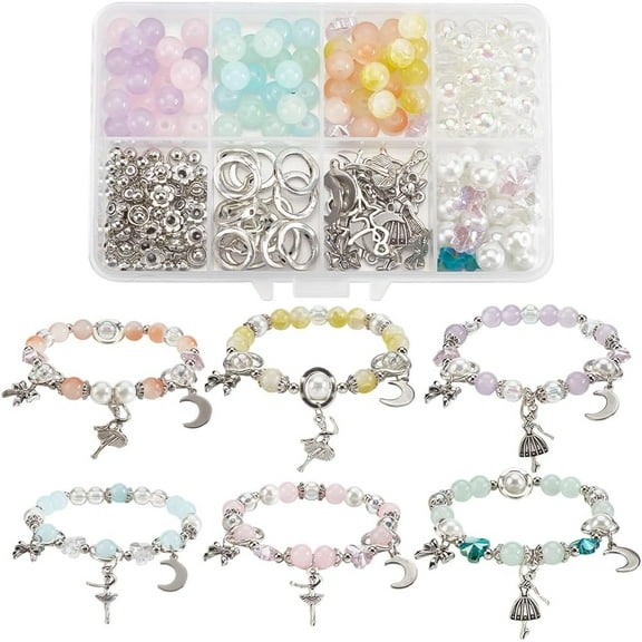 1 Box 280pcs DIY 6 Sets Glass Bead Bracelet Making Kit Dancer Charms Ballet Dance Bowknots Moon Light Sea Green Butterfly Bead With Silver Heart Frame For Jewelry Making Starter Mixed Color