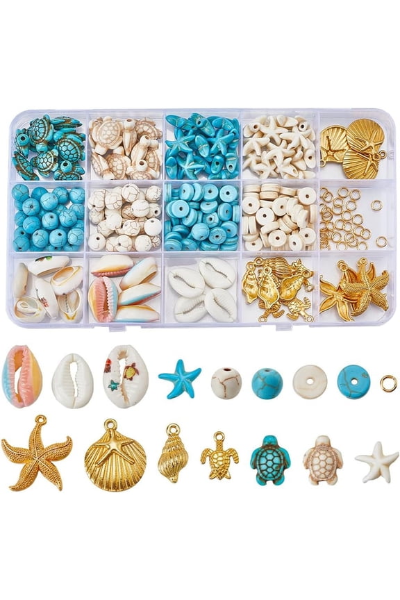 1 Box 284Pcs Ocean Jewelry Making Kit Sea Turtle Turquoise Beads Starfish Seashell Charms Summer Hawaii Colorful Cowrie Shell Beads for Jewelry Making Kits Women Adults DIY Supplies DIY